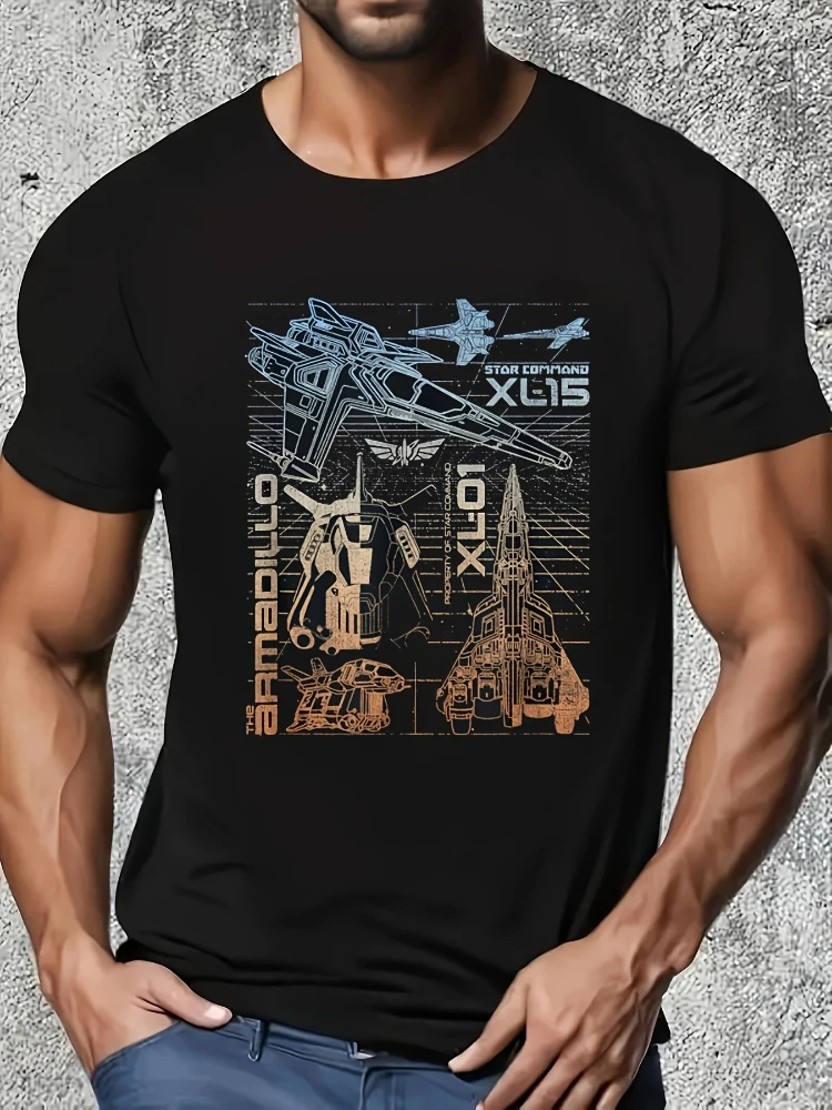 

Space-Themed Graphic with Blue & Orange Starship Schematic-100% cotton O-neck short sleeve men's printed T-shirt.