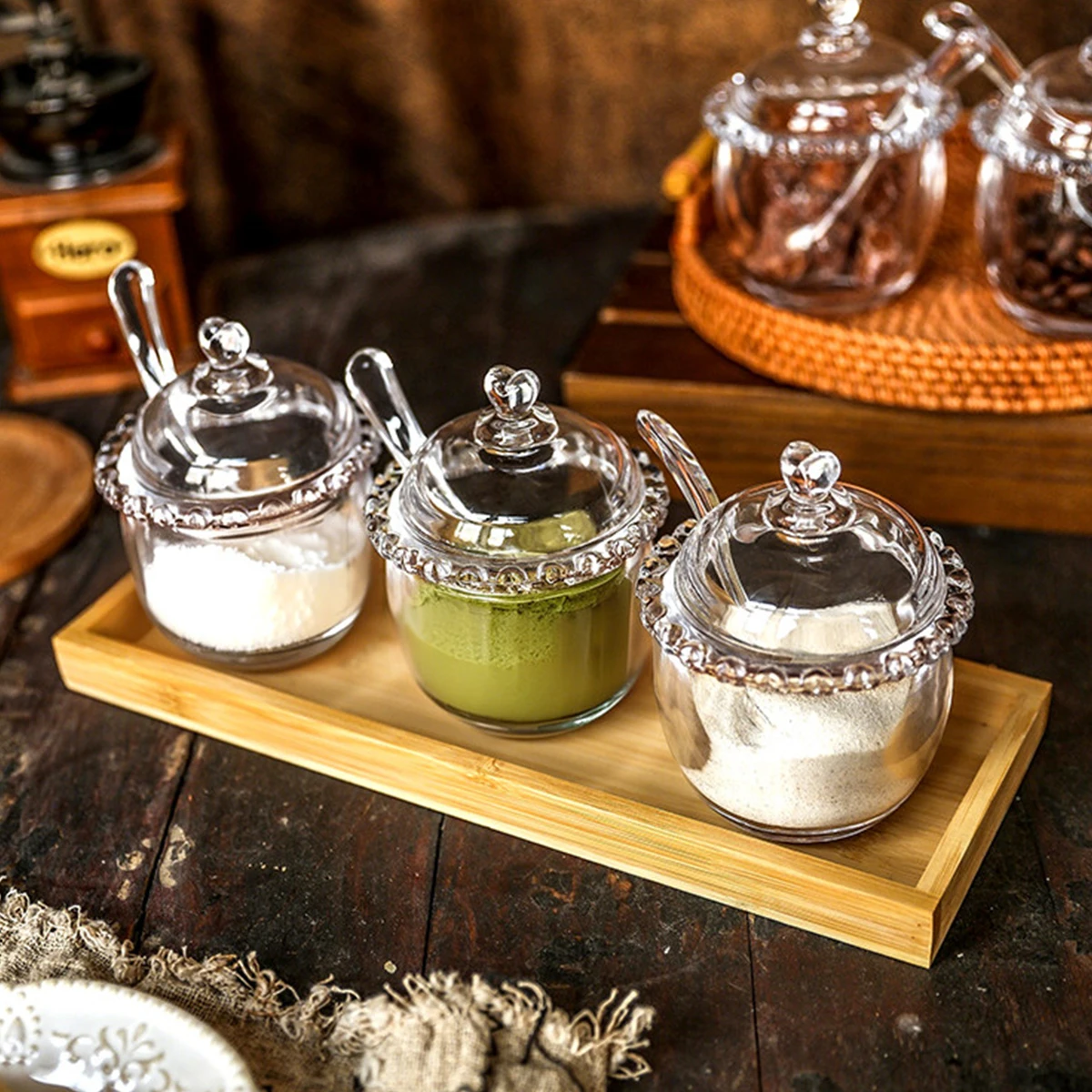 Heart Knob Glass Seasoning Jar with Lid & Spoon 200ml Clear Glass Condiment Storage Pot for Sugar Spice Beaded Rim Simple Jar