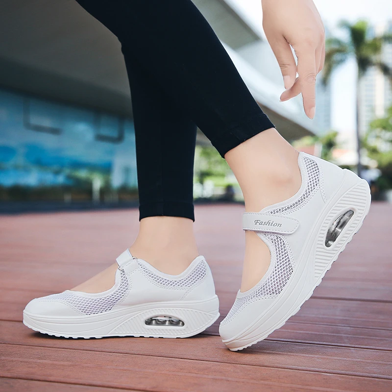 Women Summer Lightweight Sneakers Lady Air Cushion Running Sport Shoes Breathable Quick Dry Velcro Soft Flat Shoes