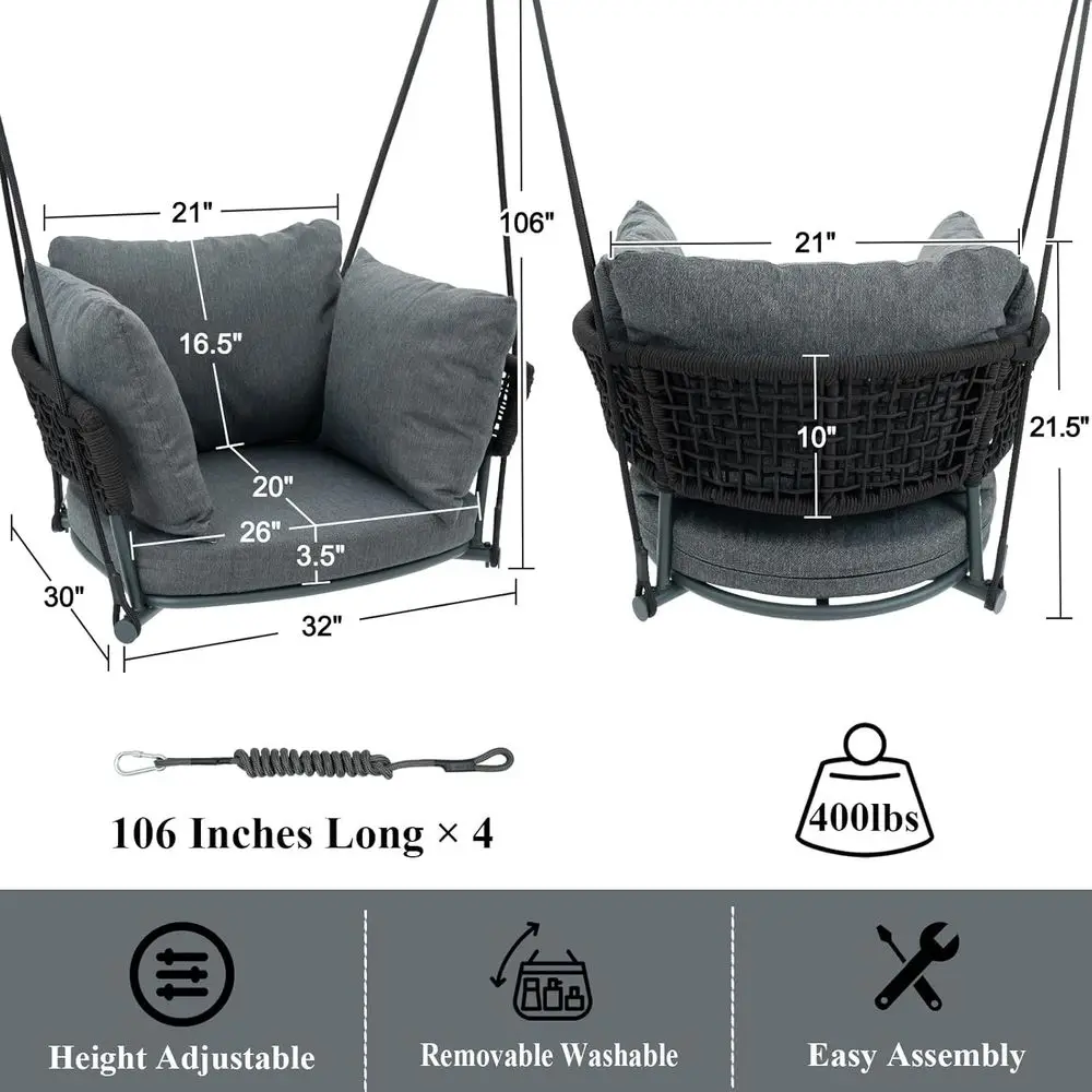 Porch Swings Chair with Cushions, Hanging Rope Swing, Hanging Chair or Bedroom, Hammock Chairs Swing Indoor & Outdoor, Patio, Ba
