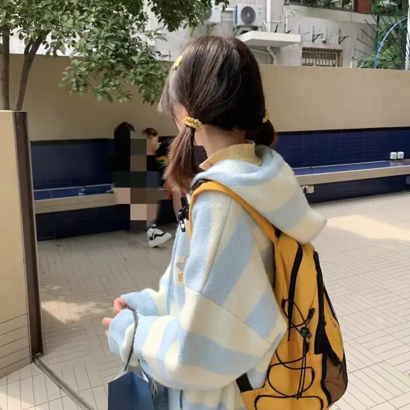 Cute bear Embroidery Striped Zip Up Hooded Knit Cardigan College style Loose Soft Pom Pom Drawstring Sweater Coat for Women