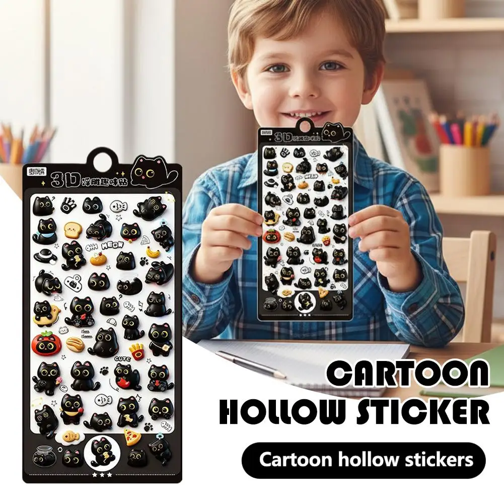4pcs 3D Cute Cartoon Puffy Stickers Black Cat & Funny Expressions Relief Stickers For Scrapbooking, Journals and Craft Stickers view 6