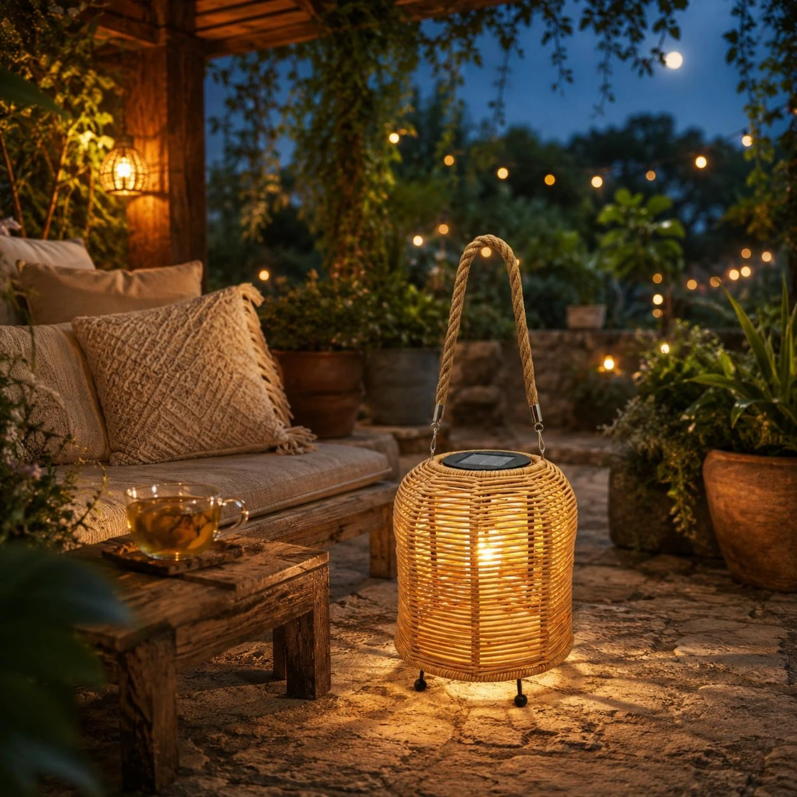 Handwoven Solar Lantern Braided Rope Handle Handwoven Rattan Lantern Solar Hanging Light Rechargeable Battery Outdoor Decoration view 6