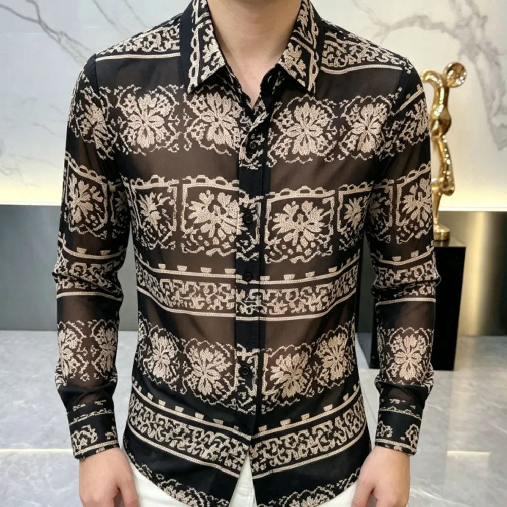 Autumn European-style Shirts Men Dress Camisa Social Masculina Streetwear Transparent Shirt See Through Mesh Shirt Club Party