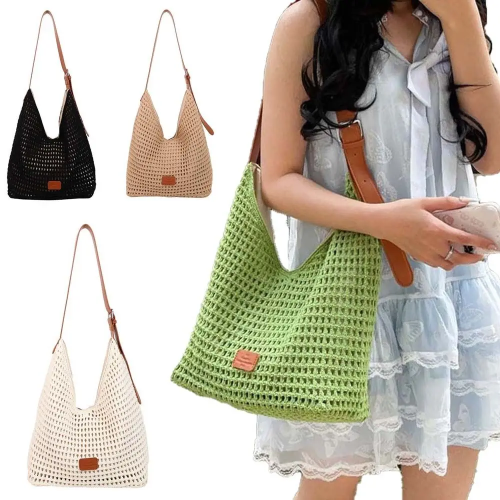 

Casual Crochet Tote Bag Magnetic Button Large Capacity Hollow Woven Bag Korean Style Polyester Knitting Handbag Storage