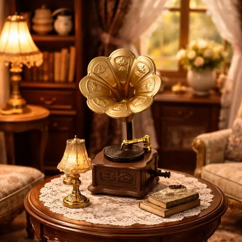 Hot-1Pcs Living Room Accessories Dollhouse Vintage Phonograph Miniatures Model DIY Doll House Role-playing Scene Ornaments Gifts view 2