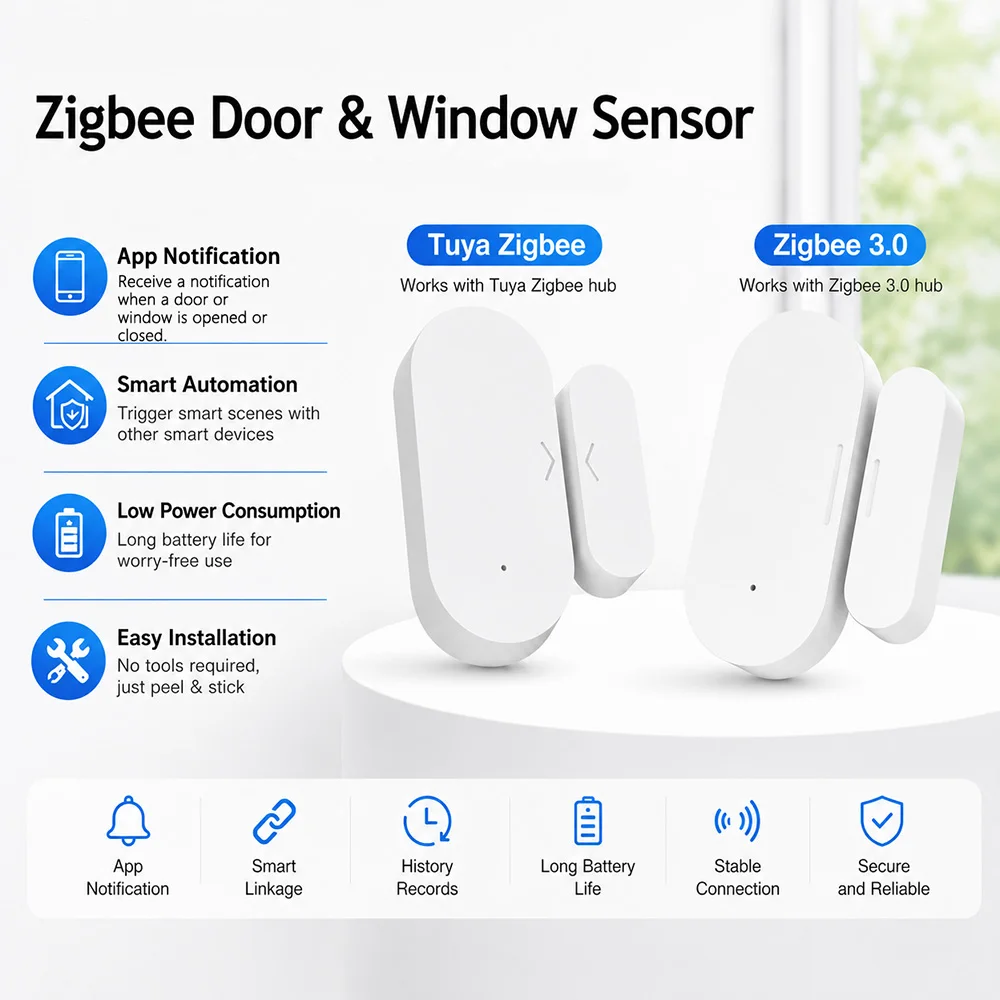 Sensor de Porta/Janela Zigbee UZ-5D Compatível com SmartLife, Funciona com Yandex, Alexa, Zigbee2MQTT, ZHA e HomeAssistant