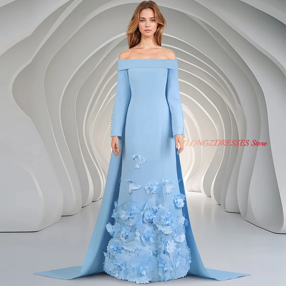 Formal 3D Flowers Customized Evening Dress Soft Blue Jersey Watteau Train Homecoming Dresses Buttons Special Occasion Gowns