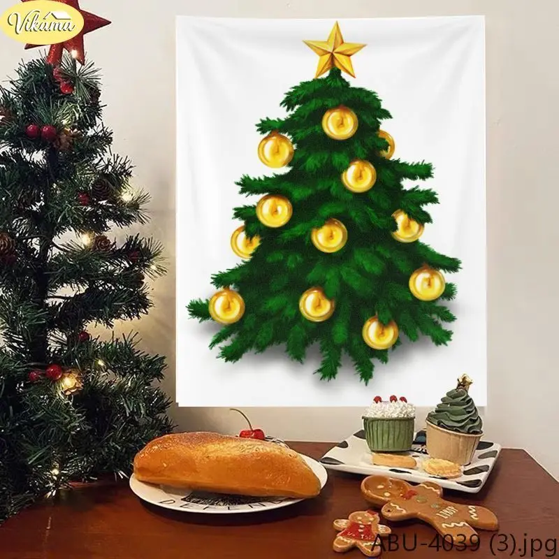 VIKAMA Merry Christmas Tapestry, Classic Christmas Tree with Gold Ornaments, Festive Party Backdrop, Home Decor