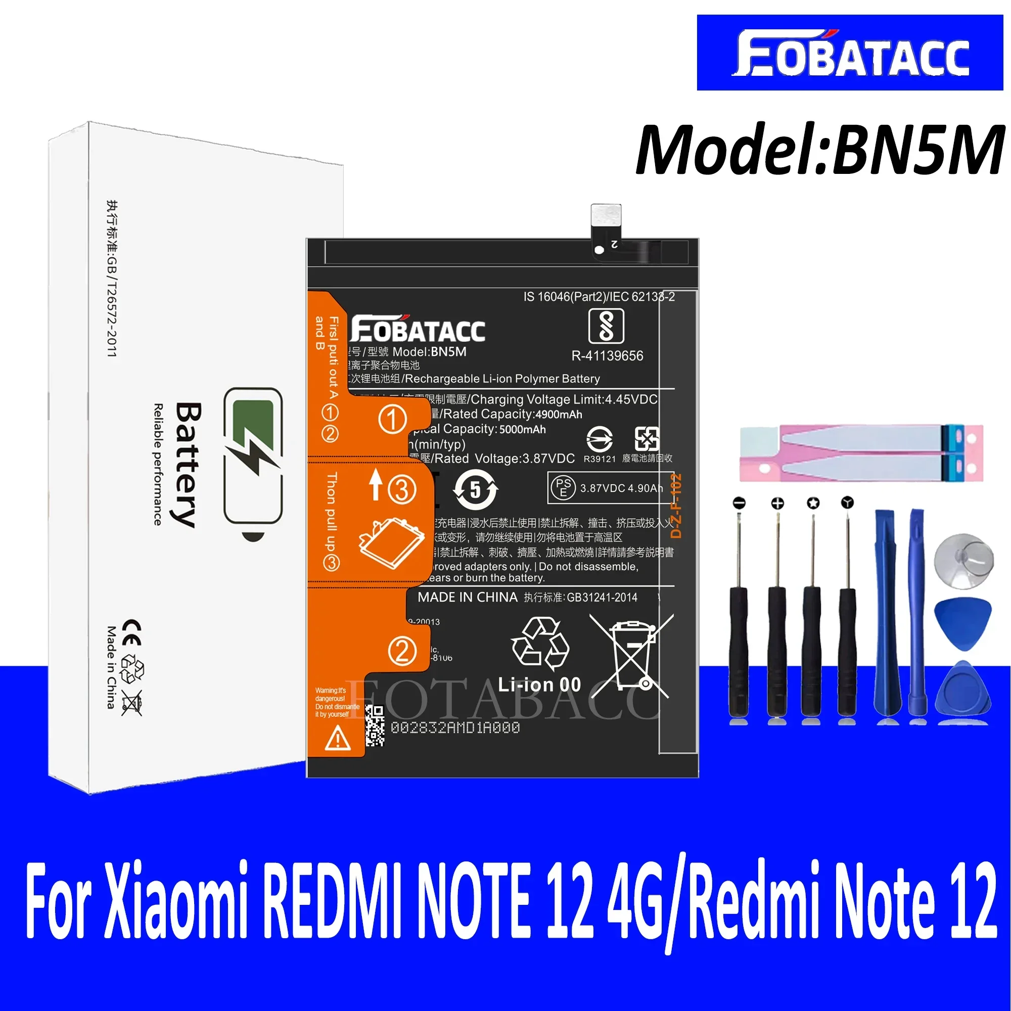 

EOTABACC 100% New Original Battery BN5M For XIAOMI REDMI NOTE 12 4G/Redmi Note 12 Battery +Tools