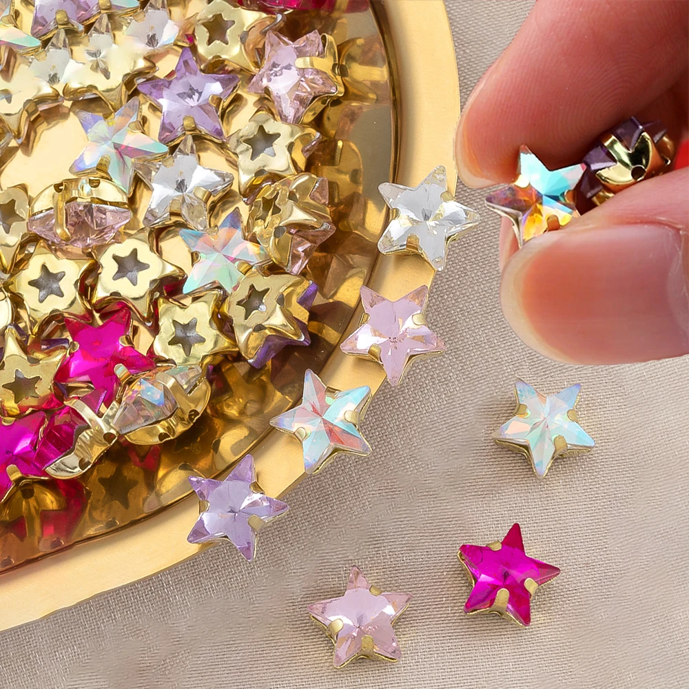 10mm Sewing Glass Beads Star Shape Diamond Sew On Rhinestones With Gold Base Flatback Crystal Decorations For Jewelry DIY