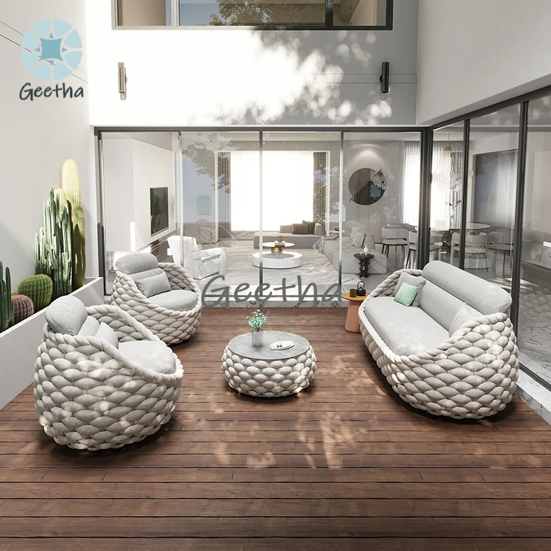 Furnitur Anyaman Melengkung Furnitur Luar Ruangan Modular Garten Sectional Sofa Kecil Set Duduk Eksterior Bambu