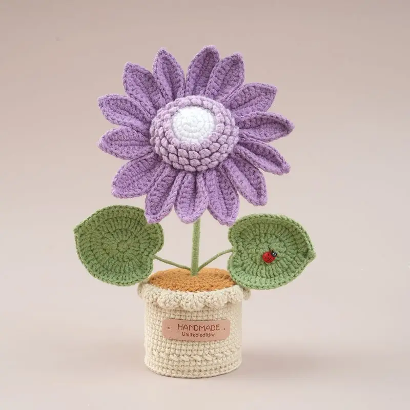 Handgefertigter Gehäkelter Sonnenblumentopf Kreative Gehäkelte Blume Künstliche Pflanze Fertige Gestrickte Sonnenblume im Topf Raumdekoration Geschenk – Detail 4