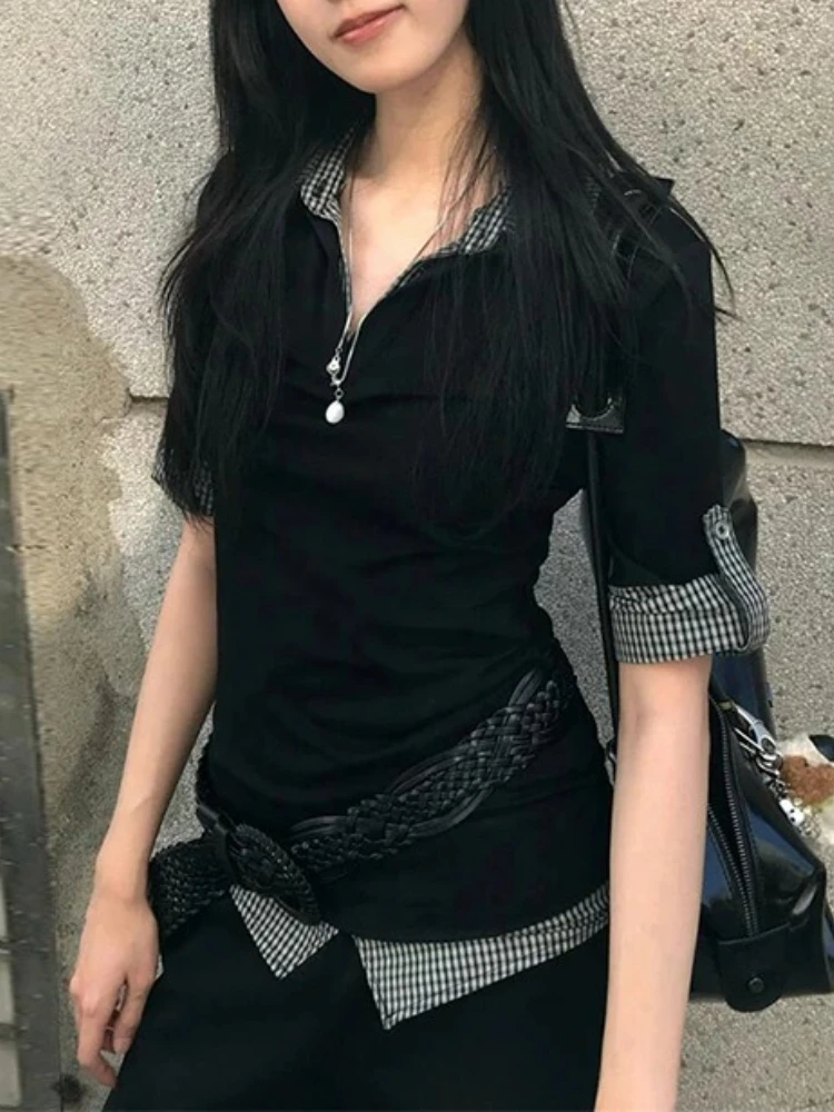 

Рубашка в стиле ретро в стиле пэчворк, женские повседневные рубашки с коротким рукавом Y2k, винтажные поддельные топы из двух предметов, японские шикарные топы 2000-х годов