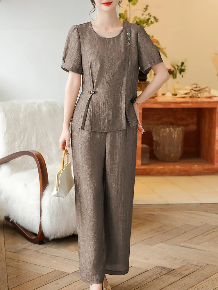 

Faionable Cotton Linen Summer Outfit ort Sve T-irt Women's Mid-aged And ly Set Ele And Korean Sle