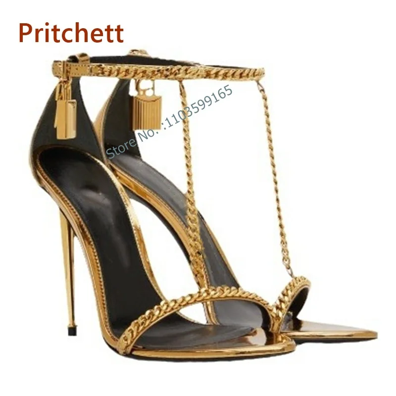 

T Strap Lock Key Stiletto Sandals Metal Chain Pointy Toe Thin Heels Women's Shoes Summer Party Ankle Buckle Strap Shoes Sexy