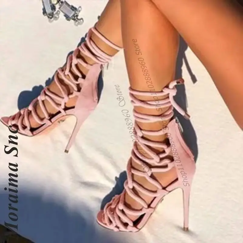 

Casual Cross Tied Pink Flock String Sandals Stilettos High Heel Shoes For Women Back Zipper Open Toe 2026 Zapatos Para Mujere