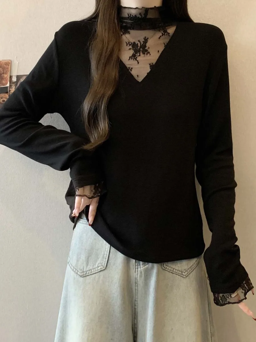 

Женская трикотажная футболка больших размеров с V-образным вырезом и длинным рукавом, с вырезами, весна-осень, приталенная, базовая, во французском стиле, с завышенной талией