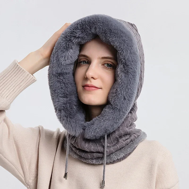 Winter Fur Cap Mask Set Hooded for Women Knitted Cashmere Neck Warm Balaclava Ski Windproof Hat Thick Plush Fluffy Beanies Hood