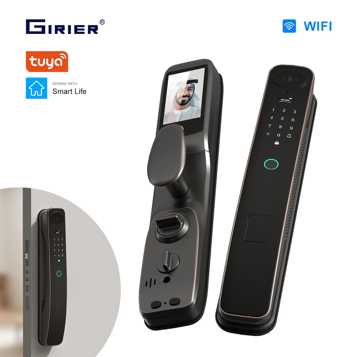 

Умный дверной замок GIRIER Tuya с Wi-Fi, разблокировка по 3D-распознаванию лица и отпечатку пальца, электронный цифровой замок с питанием от батареи, двусторонняя аудиосвязь