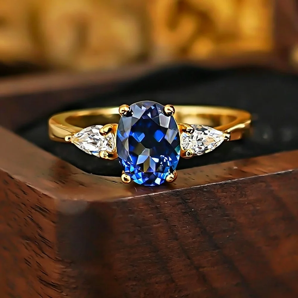Luxury 3CT Oval Lab Sapphire Ring For Women 925 Sterling Silver 18k Gold Plated Wedding Engagement Luxury Jewelry