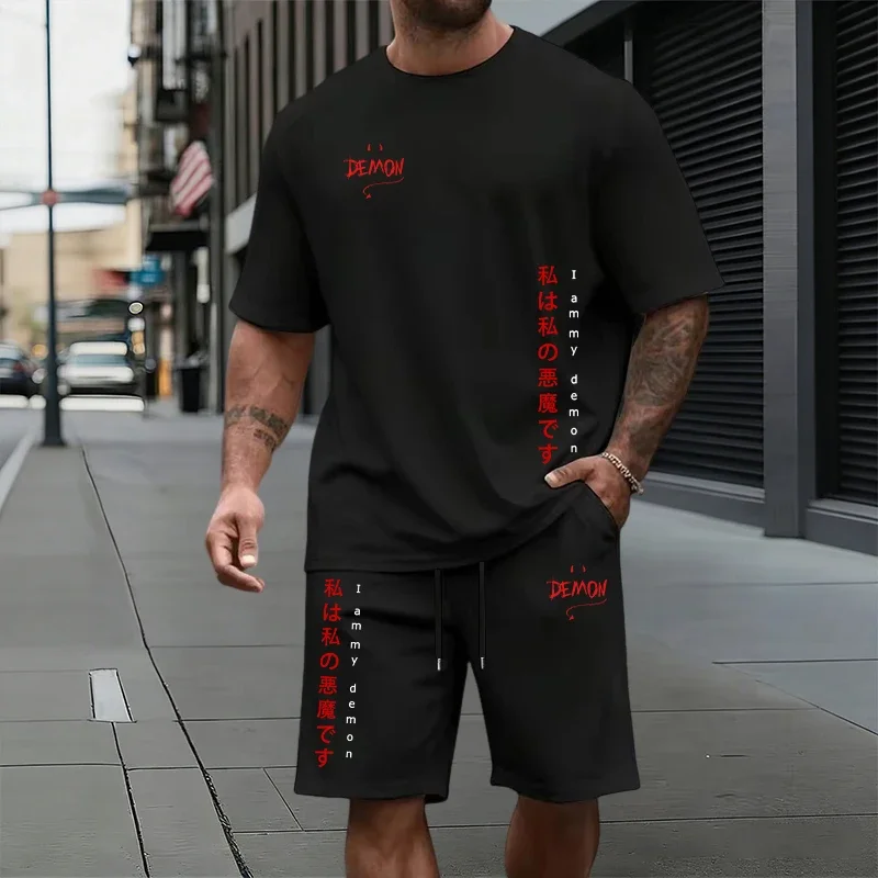 Summer Daily Casual Sports Jogger Suit Home Outdoor Outfits Demon Letter Pattern Men's Set Cotton T-shirt and Knee-length Shorts