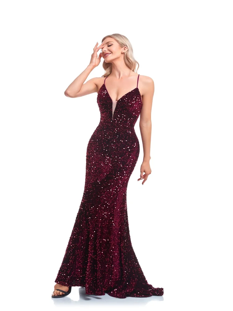 BLUEPLUM Luxury Deep V Neck Burgundy Sequin Evening Dress 2025 Guest Wedding Party Maxi Dress Mermaid Long Prom Dress Women