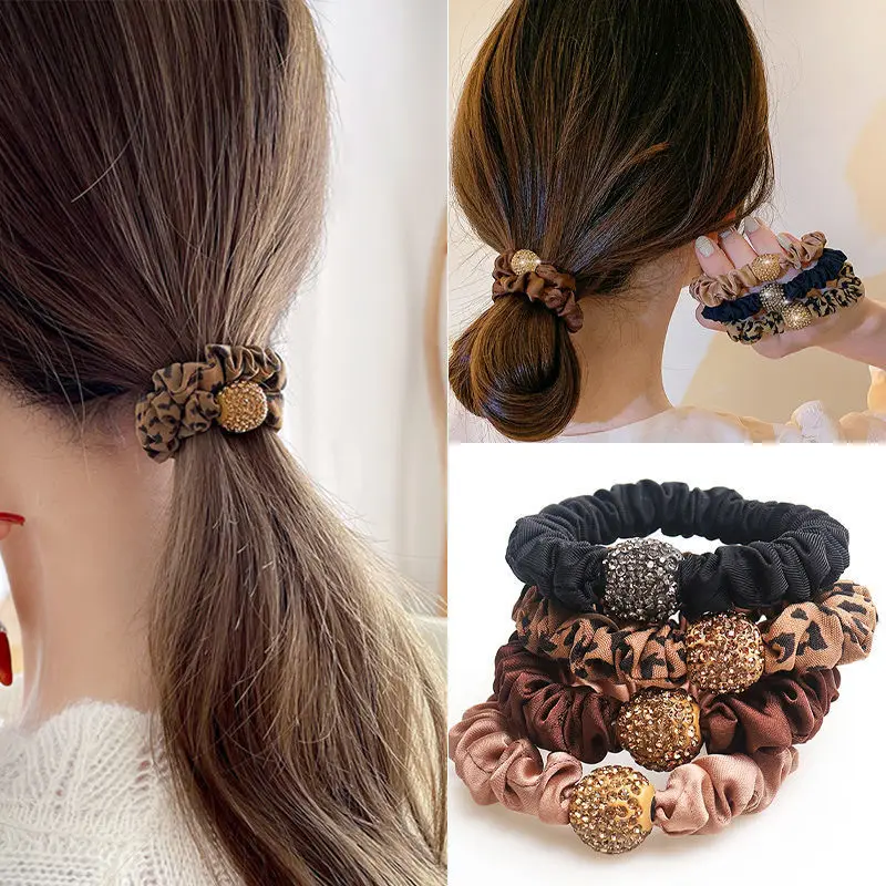 Fashion Summer Rhinestone Ball Leopard Scrunchie Women Simple Elegant Elastic Rubber Band Ponytail Holder Hair Tie