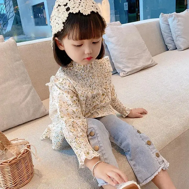 

Long Sve irt Baby Doll Top с цветочным принтом для девочек, корейский хлопковый повседневный комплект спортивной одежды с длинными штанами для детей до 7 лет