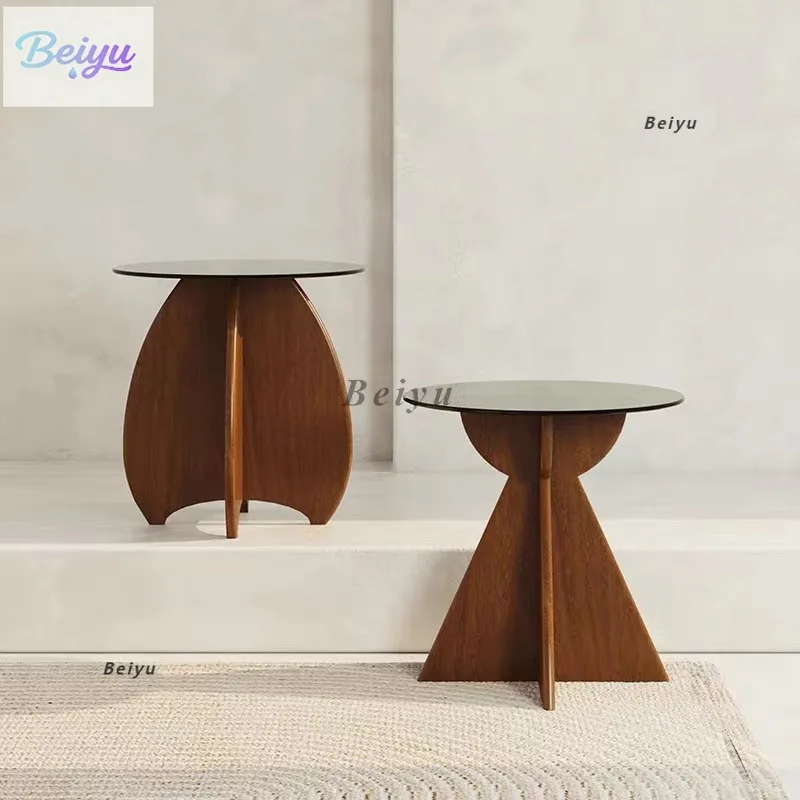 

edge table modern simple small coffee table tempered glass solid wood round table side cabinet living room sofa corner table