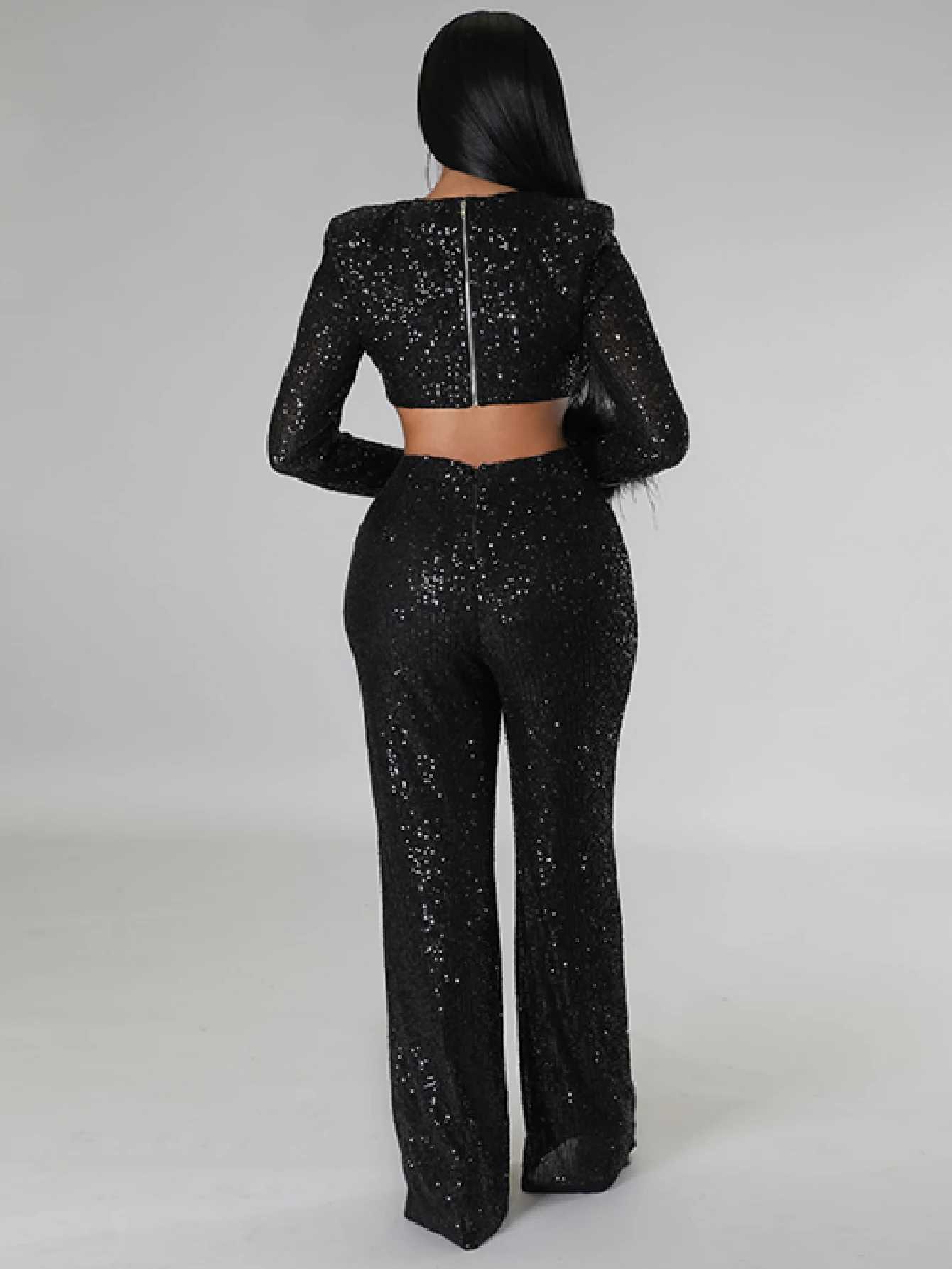 European and American Amazon Autumn and Winter New Long Sequined Feather Hollow-Out Slim-Fit Long-Sleeve Party Jumpsuit for Socialites