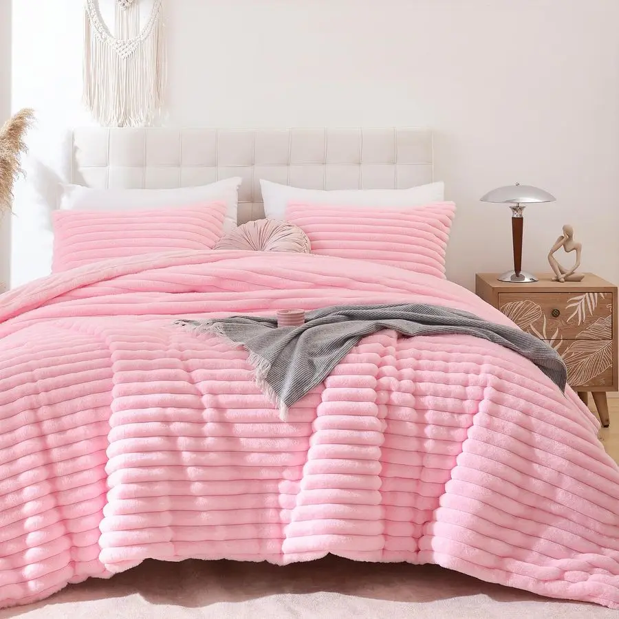 

Fluffy Queen Comforter Set 3 Pieces Pink Fleece Fluffy Comforter Set, Luxury Fuzzy Queen Bedding Set, Soft Warm Bed Set All Seas