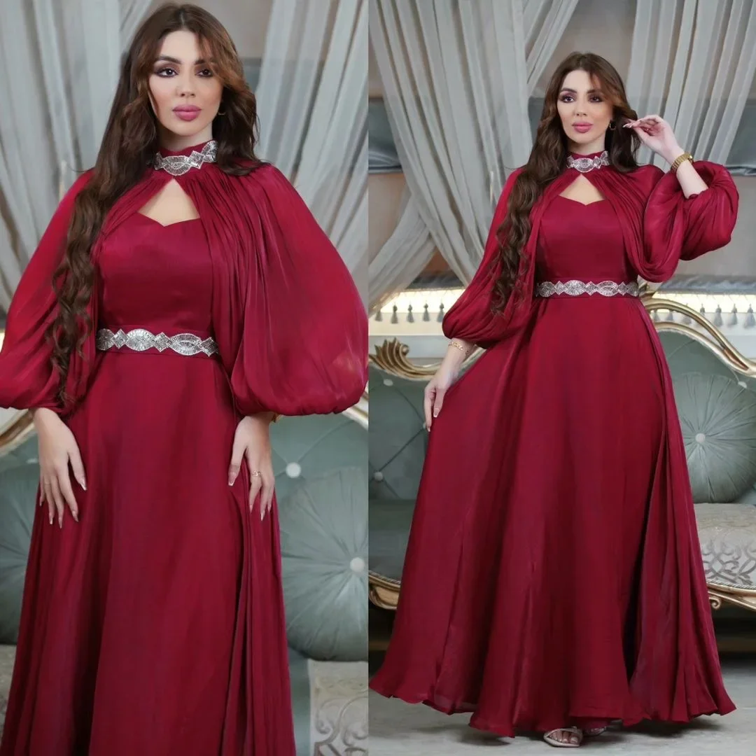 

Silky Satin Party Dress for Muslim Women Abaya 2 Piece Set Dubai Puff Sleeve Arabic Islamic Evening Dresses Turkey Kaftan Robe