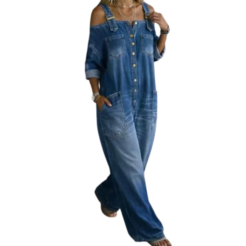 UOOZEE Women's Cold Shoulder Denim Jumpsuit Adjustable Strap Button Front 3/4 Sleeves Loose Wide Leg Casual Streetwear Romper
