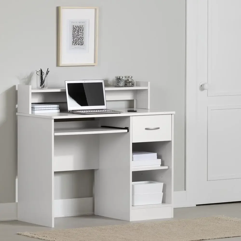 Contemporary Desk with Slide-Out Keyboard Tray and Handy Storage Large Drawer and Hutch White Axess Collection by South Shore