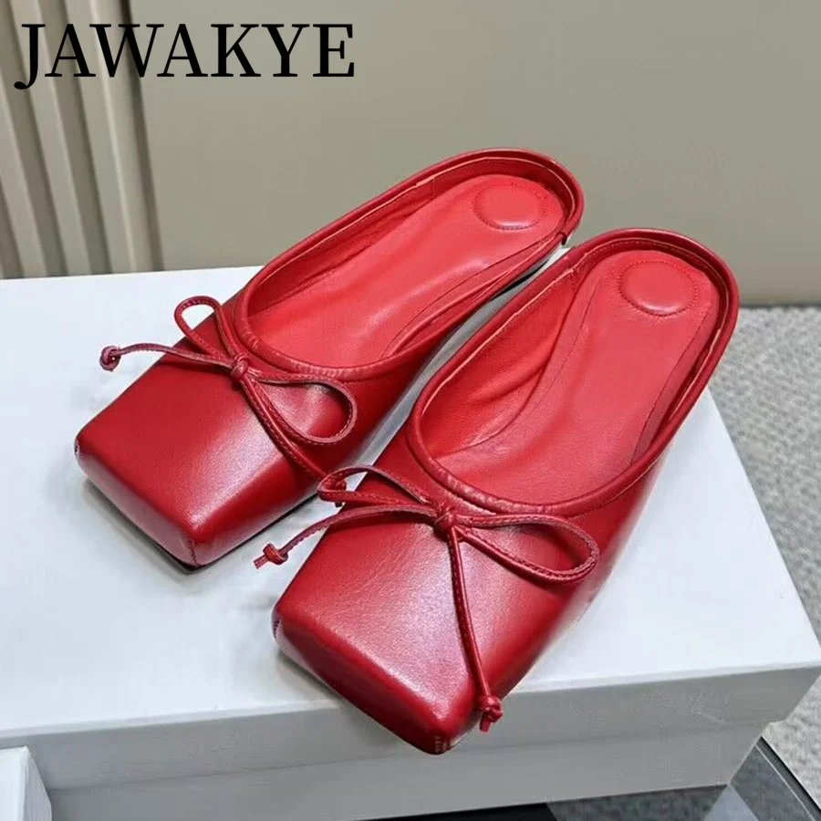 

Summer Genuine Leather Women's flat Slippers Bowknot Decor Wrap toe Mules Runway Brand Dress Slippers Vacation Beach Shoes Women