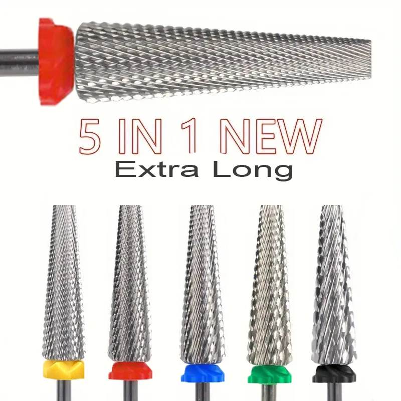 5 In 1 24mm Extra Long Tungsten Carbide Nail Drill Bits Safety Nail Salon Accessories, Efficient Removal Of Gel Polish Acrylic N