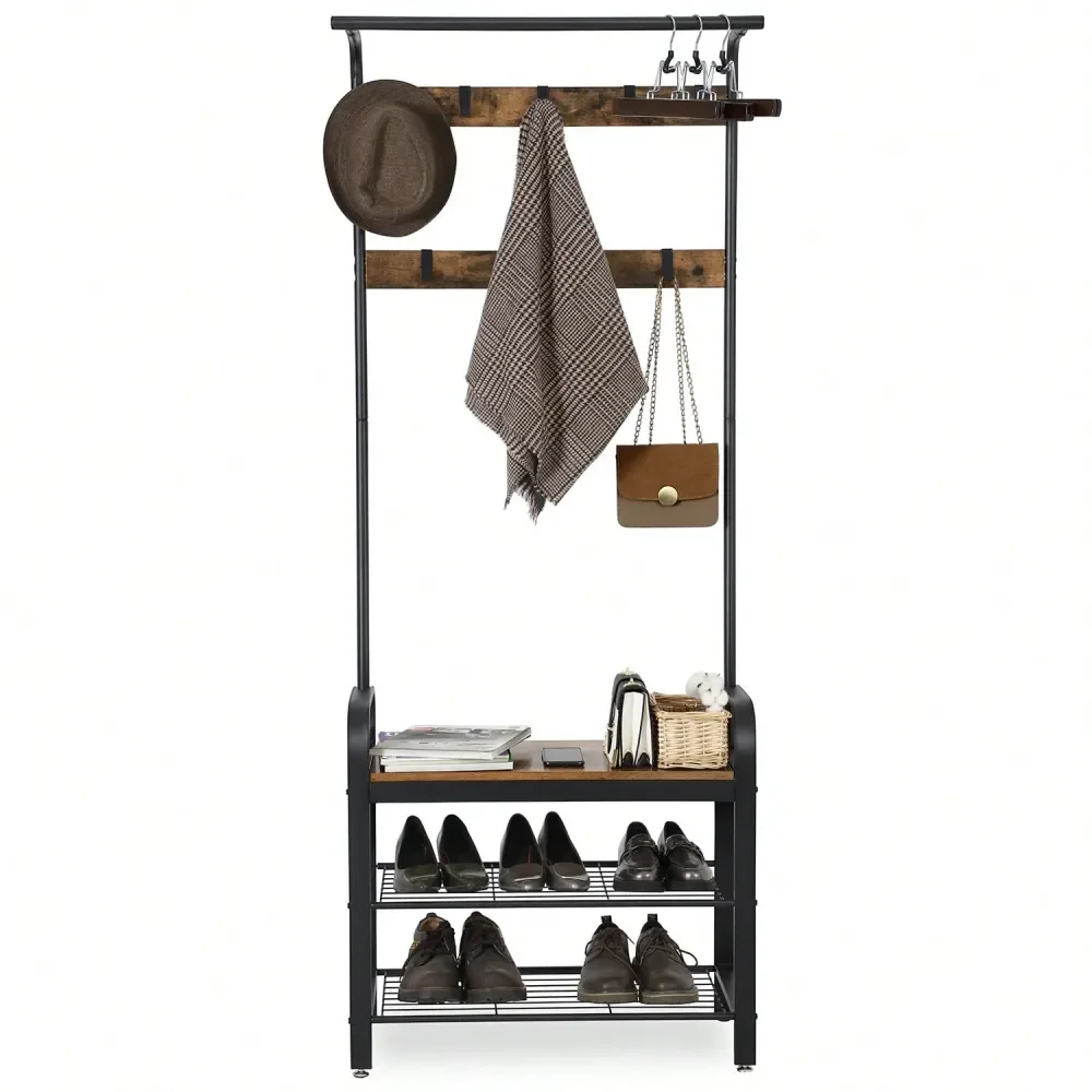 

Coat Rack, Hall Tree With Shoe Bench For Entryway, Entryway Bench With Coat Rack, 4In1, With 9 Removable Hooks, A Hanging Rod,