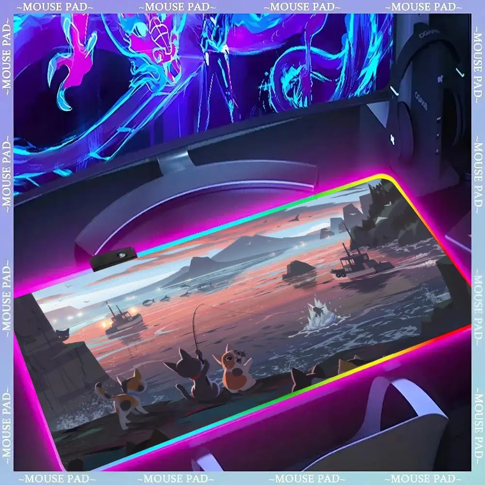 

Коврик для компьютерной мыши с милым котом, геймерский люминесцентный светодиодный коврик для мыши, игровой стол, RGB настольный коврик, клавиатура, коврик для мыши для ПК