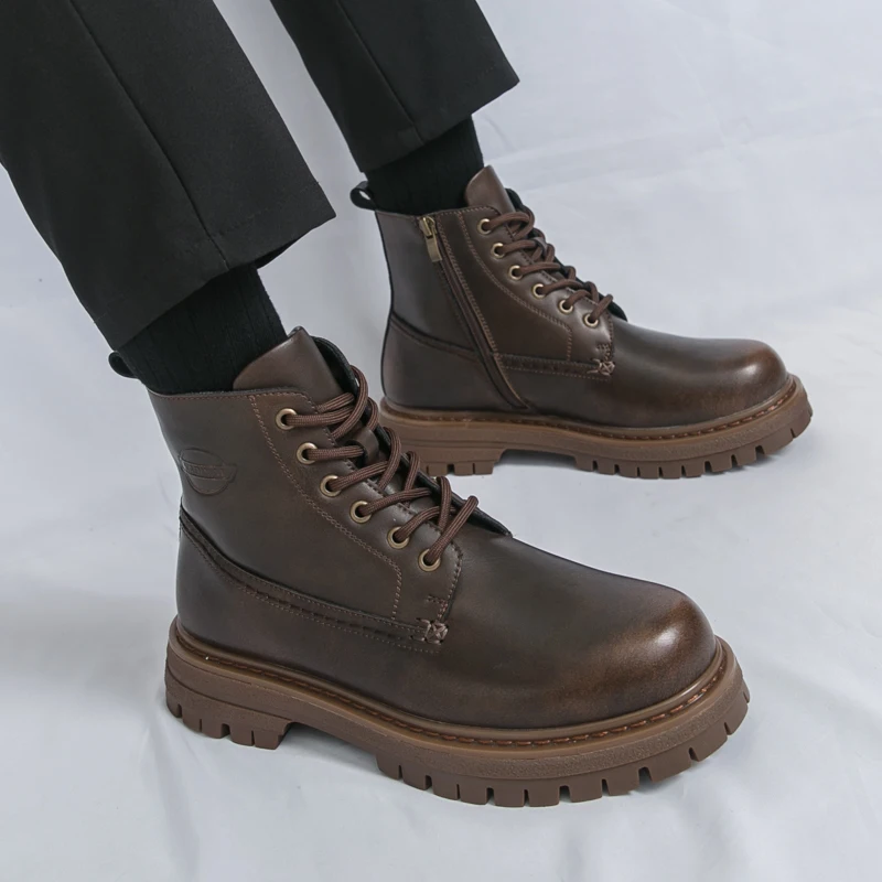 Fashionable Winter Comfortable Cowhide Brushed Comfortable Lace Up High Top Boots Brand Outdoor Wear-resistant Motorcycle Boots