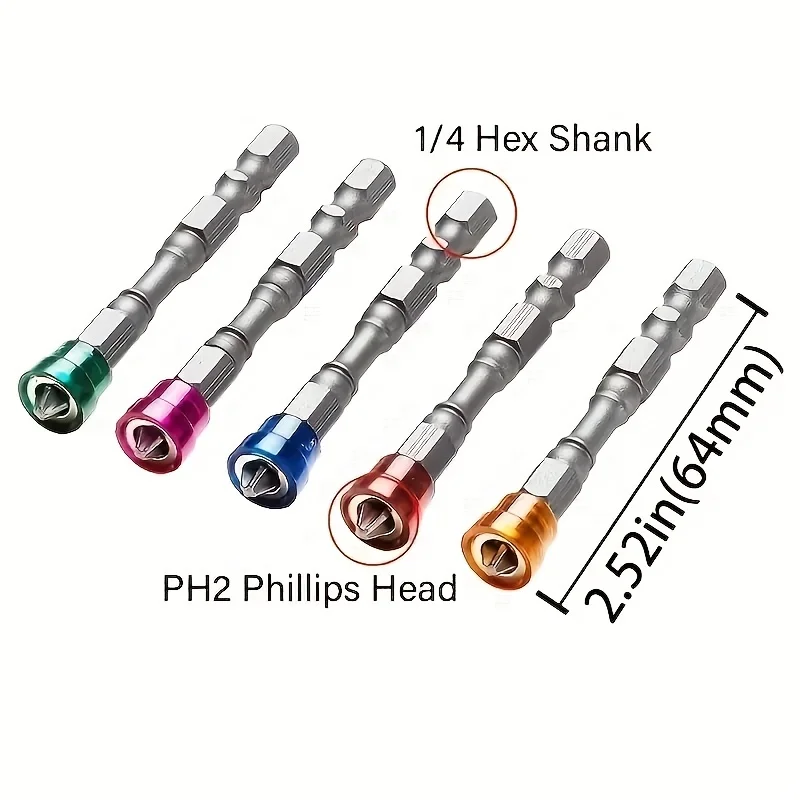 5Pcs PH2 Magnetic Cross Head Screwdriver Bits 1/4" Hex Shank for Electric Drill Drywall Power Tools