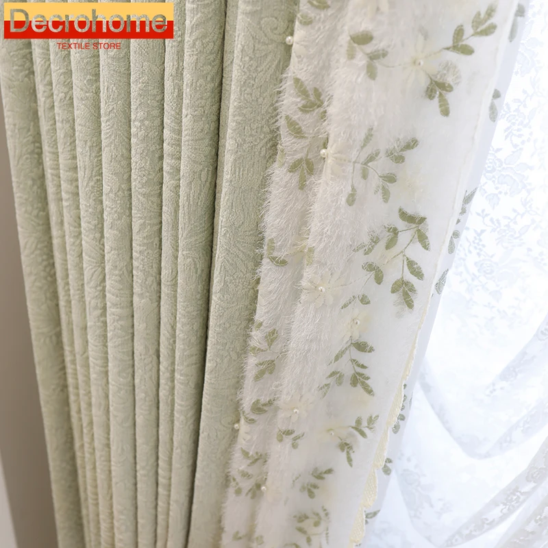 

Green Leaves Flocking Window Screen Patched and Thickened Chenille Curtains for Living Room Bedroom French Window Customized