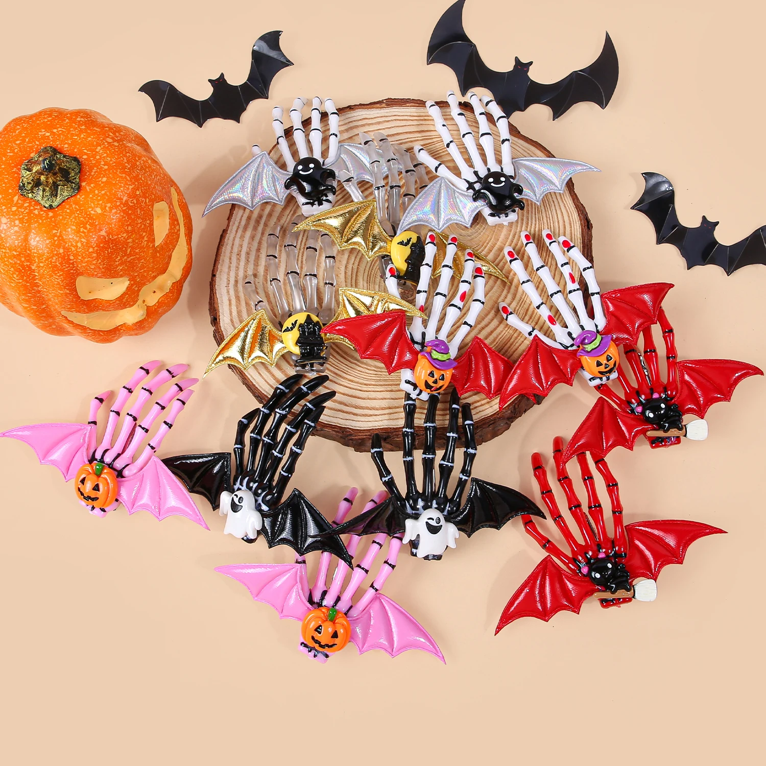2/6PCS Halloween Hair Clips Pumpkin Devil Clips Girls Festival Party Cosplay Wing Hand Barrettes Clips Kids Hair Accessories