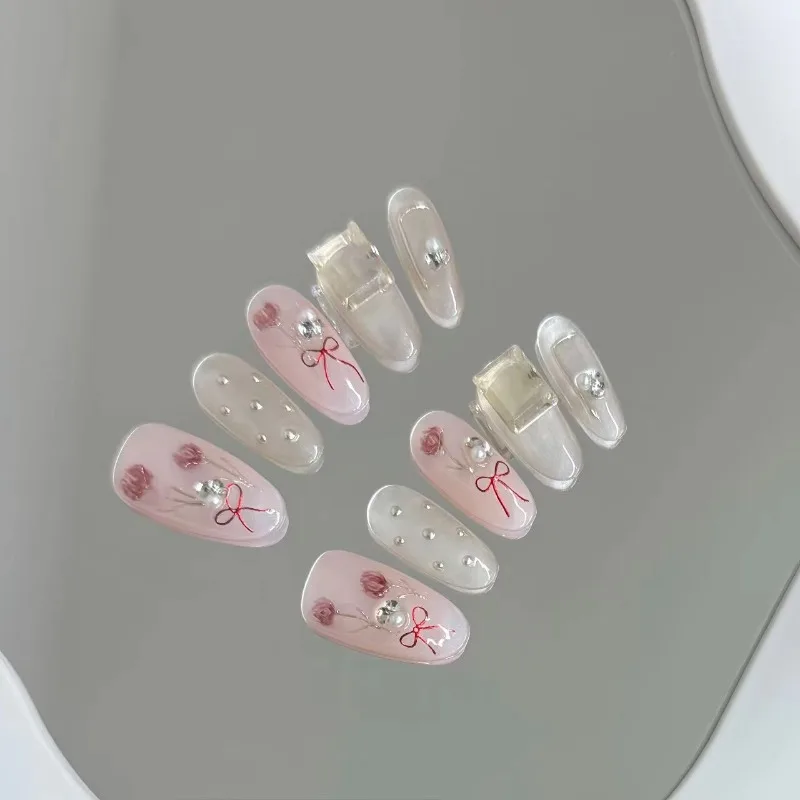 10 piezas de flores suaves perla rosa tierna prensa hecha a mano en uñas arco lindo brillo diamantes uñas postizas removibles reutilizables