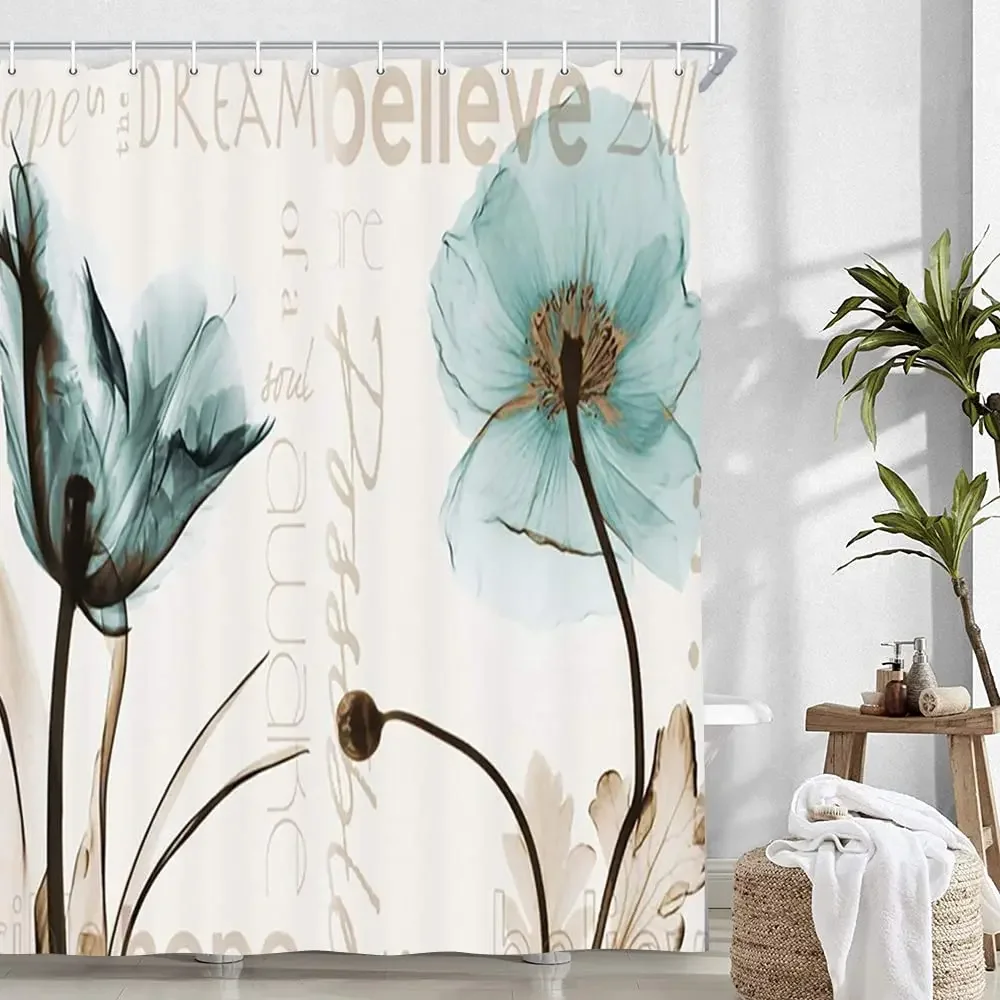 Rustic Elegant Teal Tulip Flower Shower Curtains,Vintage Spring Floral Tulip Flowers In Beige,Polyester Flower Bathroom Curtains