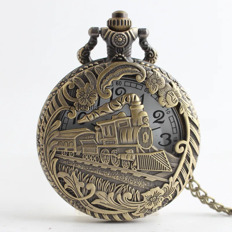 Squisito orologio da tasca grande con locomotiva cava inciso, versione classica, orologio da tasca al quarzo nostalgico