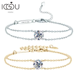 Real 100% S925 Silver Double Chain 6.5mm 1.0ct D Color Moissanite Bracelet for Women 14k Gold Plated Single Stone Bracelet Gifts