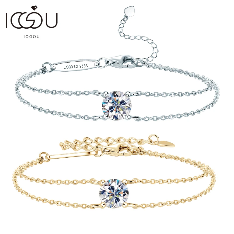 Real 100% S925 Silver Double Chain 6.5mm 1.0ct D Color Moissanite Bracelet for Women 14k Gold Plated Single Stone Bracelet Gifts