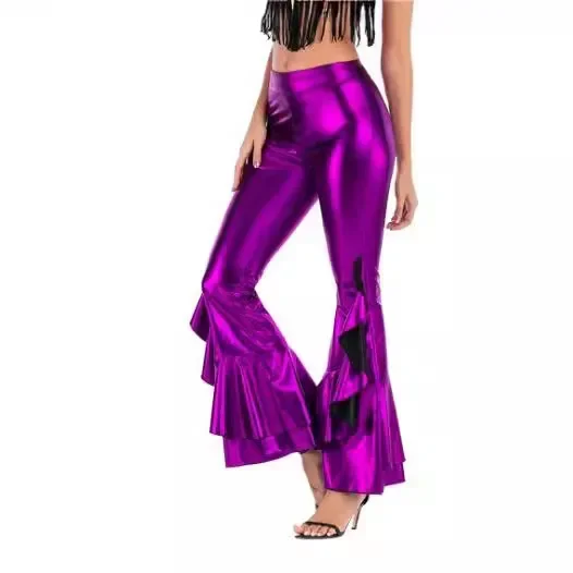 Sexy Women Costumes PU Leather Metallic Flare Pants Shiny Girls Elastic Waist Bell Bottom Trousers Clubwear Carnival Disco Party