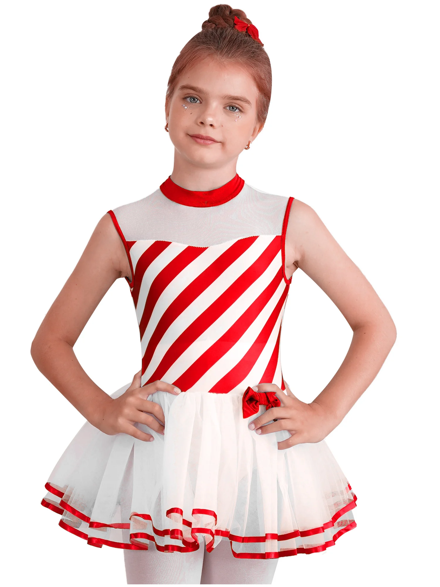 Kids Girls Christmas Candy Cane Striped Dress Up Jumpsuit Xmas Leotard Dress Mesh Tutu Skirt Lyrical Dance Costumes for Cosplay